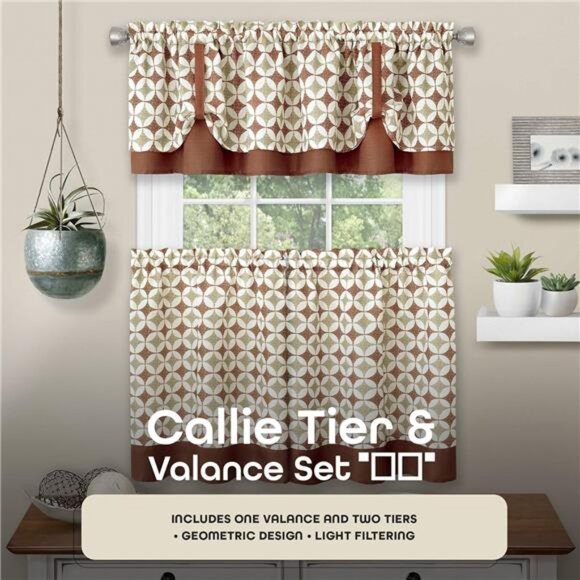 Light Filtering Printed Tier & Valance Window Curtain Set-58 Inch Width,24 InchL - Picture 2 of 7